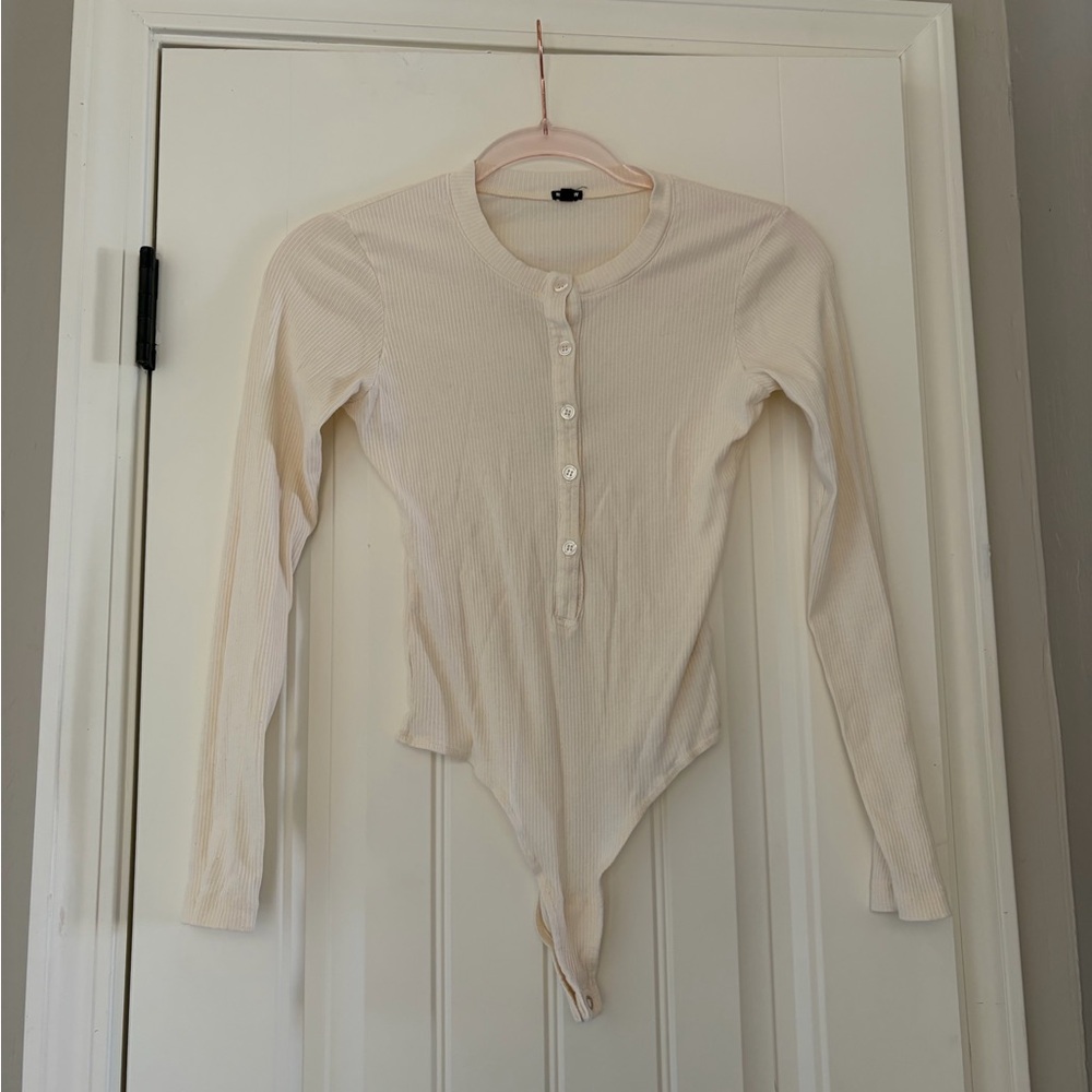 Monrow Cream Ribbed Bodysuit